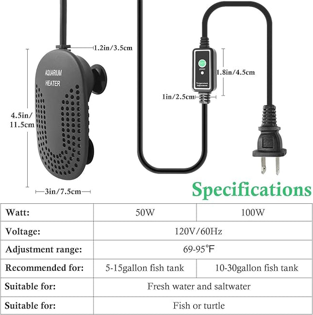 HITOP 100W Mini Adjustable Aquarium Heater: Digital Fish Tank Heater with Protective Cover and Controller for 5-30Gallon
