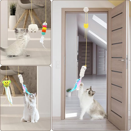 6 PCS Interactive Cat Feather Toys, Indoor Hanging Retractable Cat Toy, Self Play Toys Make Fun Excecise