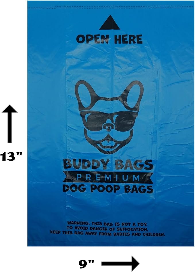 Buddy Bags Premium Dog Poop Bags, Unscented, Extra Thick & Strong, Bold “Open Here” Arrow, 18 Refill Rolls, 270 Earth Friendly Bags.