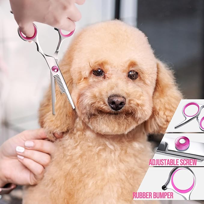Gimars Dog Grooming Scissors Kit Professional 4CR with Safety Round Tip, 5 in 1 Heavy Duty Titanium Coated Thinning & Curved & Straight Shears