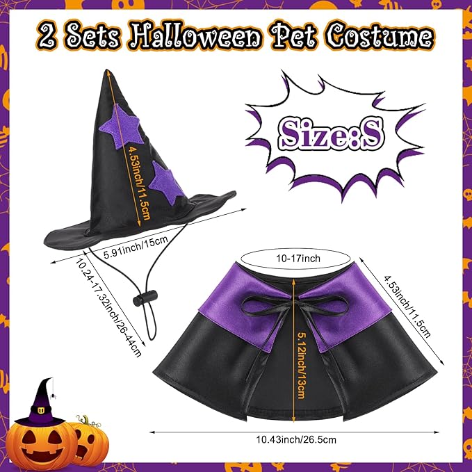 2 Sets Halloween Pet Costume Cats Witch Shaped Cloak and Hat Witch Cloak for Small Large Pets Gifts Party Favor(Small)