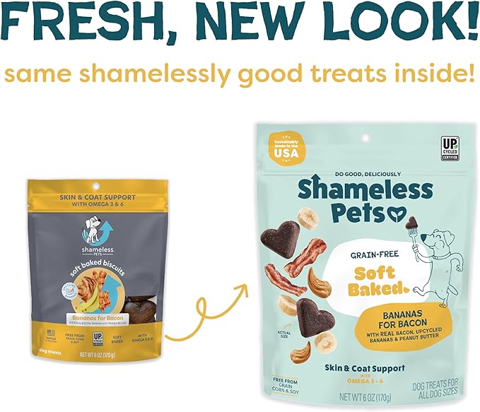 Shameless Pets Soft-Baked Dog Treats, Bananas for Bacon - Natural & Healthy Dog Chews for Skin & Coat Support with Omega 3 & 6 - Biscuits Baked & Made in USA, Free from Grain, Corn & Soy - 1-Pack