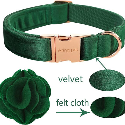 ARING PET Velvet Dog Collars, Dark Green Soft Pet Collar with Detachable Felt Flower Metal Buckle for Puppy Small Medium Large Boy Girl Dogs-M