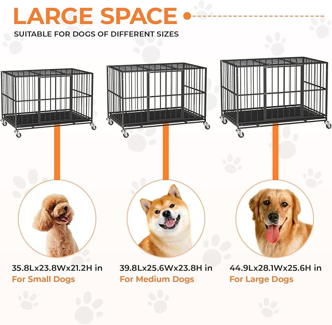 42 in Heavy Duty Dog Crate Steel Escape Proof, Indoor Double Doors and Lockable Wheels,Removable Tray, for Medium and Large Large Dog Breeds,XL