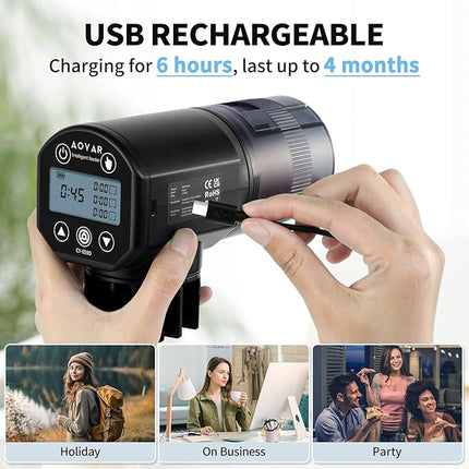 Automatic Fish Feeder Dispenser for Aquarium: Rechargeable Auto Feeders for Tank Turtle Pond Betta - 200ml Smart Food Feeding Timer Dispensers for Flake Pellet Vacation Weekend