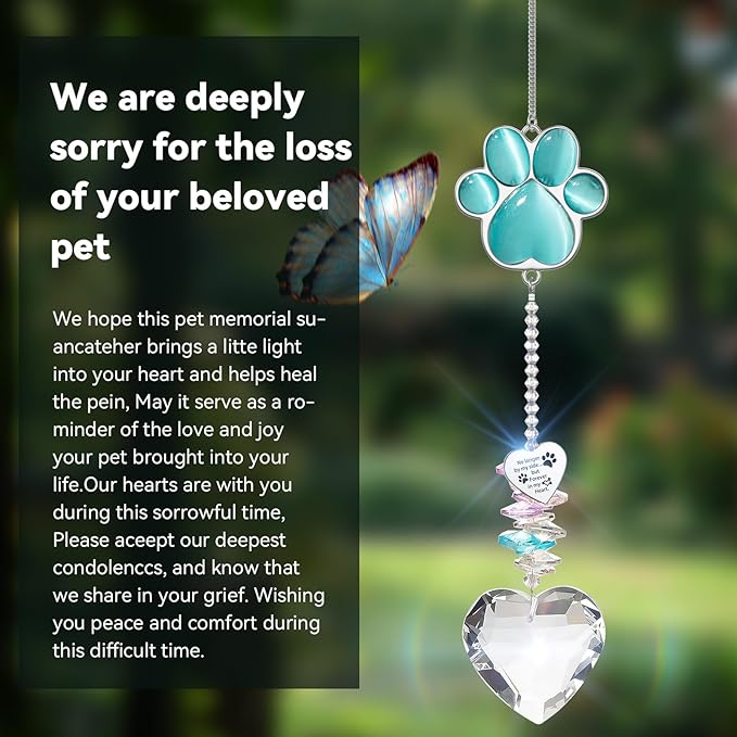 Pet Memorial Suncatcher - Dog Memorial Gifts, Pet Loss Sympathy, Thoughtful Dogs and Cats Bereavement Remembrance Gifts, Natural Cat's Eye Paw Crystal Suncatcher(Peacock Blue)