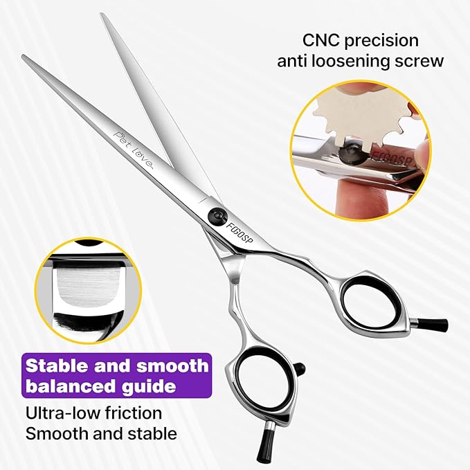 Straight Dog Grooming Scissors 7.5 in Professional Dog Hair Scissor Trimming Dogs Pet Cat Shears Japan 440C Symmetric Handle Light Weight for Cutting Body Leg Hairs(7.5)
