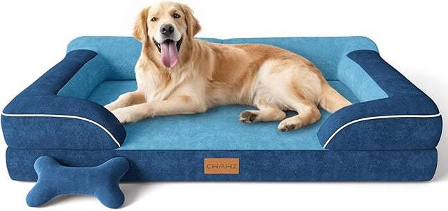 Extra Large Dog Bed, Orthopedic Dog Bed with Cooling Gel Memory Foam, Waterproof XL Pet Bed with Removable Washable Cover, 42" Pet Sofa Couch Dutch Velvet with Bone Toy, Navy Blue