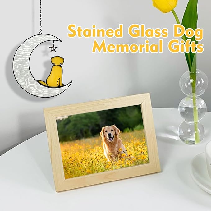 Fhiny Dog Memorial Suncatcher Stained Glass Dog Memorial Gifts Window Hanging Christmas Ornament Pet Sympathy Gifts for Dog Lovers Puppy Remembrance Gift Christmas Tree Decor (Yellow)