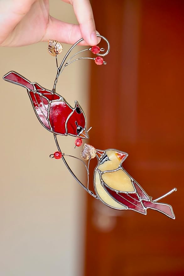 Handmade Cardinal Stained Glass Suncatcher Window Hanging Ornament for Christmas,Mother’s Day,Memorial Gifts,Red Birds Sun Catcher Decorative for Women, Mom, Grandma,Real Glass Unique Design