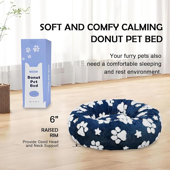Donut Dog Beds for Small Dogs, Calming Round Cat Beds for Indoor Cats, Cute 3D Textured Paw Pet Bed with Removable Washable Cover and Anti-Slip Bottom（Navy Blue，20"）