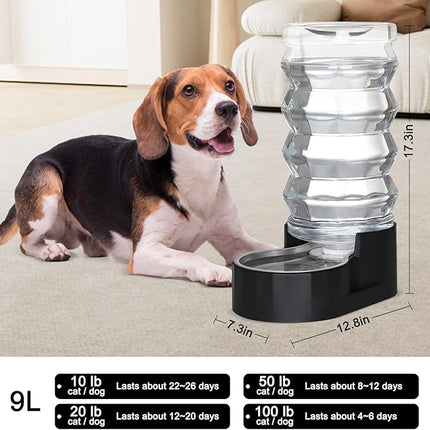 RIZZARI Large Dog Water Dispenser: Stainless Steel Pet Water Bowl - 9L Black Stainless Steel Automatic Pet Gravity Feeder with Filter Indoor/Outdoor