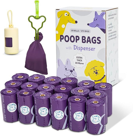 270 Count Scented Dog Poop Bags Rolls, 20 Micron Ultra Thick, Heavy Duty Tear Resistant Leak Proof for Yuck-Free Cleanup, Includes Dispenser & Leash Clip, 9 x 13 Inch, Pawsome Doodle (Purple)
