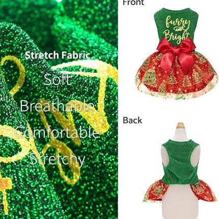 Fitwarm Sparkly Dog Christmas Outfit, Tulle Dress, Winter Clothes for Small Dogs, Christmas Tree Outfit, Red, Green, Golden, XS