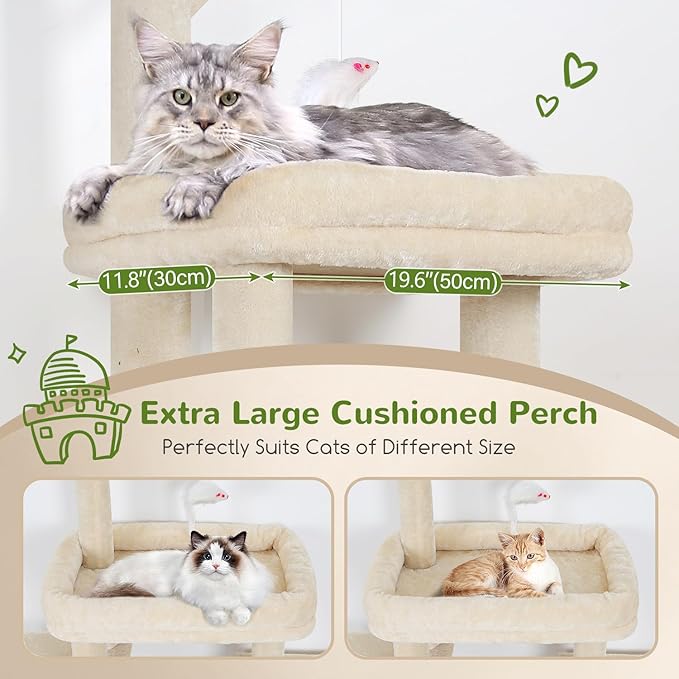 Globlazer F50 Cat Tower for Adult Indoor Cats, 50-inch Heavy Duty Cat Tree for Big Cats, Cat Tree House with Extra-Large Padded Platform, Sisal Scratching Board, 2 Large Condos, Beige