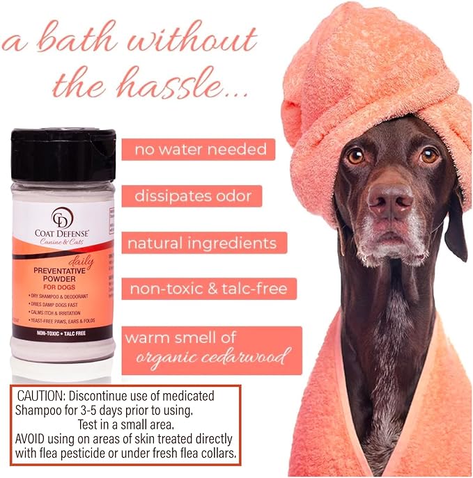 COAT DEFENSE Preventative Powder | Made in USA | 3.5oz Waterless Dog Shampoo & Pet Deodorizer for Smelly Dogs | Provides Anti Itch Relief | Dog Shampoo for Dry Itchy Skin & Smelly Dogs