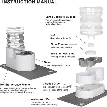 RIZZARI Automatic Pet Water Dispenser: 5L White Cats and Dogs Gravity Feeder - Stainless Steel Bowl - Outdoor Hiking Use.