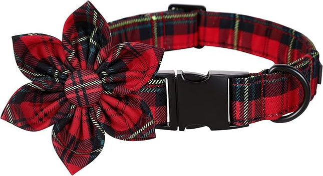 Lionet Paws Christmas Dog Collar with Flower, Dog Flower Collar with Metal Buckle for Dogs, Adjustable Comfortable Dog Collar Girl Gift, M, Neck 13.5-22 in