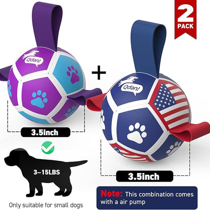 QDAN 2 Pack Small Dog Toys, Puppy Balls, Dog Balls with Straps for Small Breed, Soccer Ball for Dogs, Puppy Toys, Dog Birthday Gift (3.5 Inch)