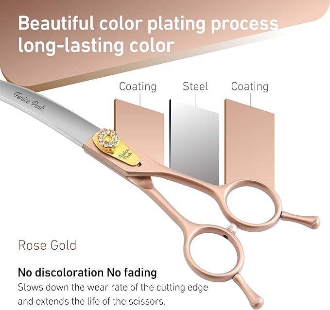 Fenice Peak 45° Extra Curved Dog Grooming Scissors 440C Stainless Steel 7.5'' Big Arc Curved Shears Rose Gold Sharp and Durable Trimming Scissors for Dogs and Cats