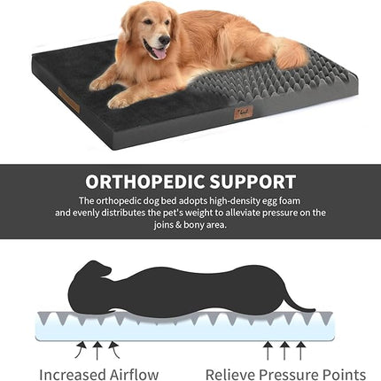 Flat Extra Large Dog Bed, Jumbo Waterproof Dog Bed for Large Dogs, Orthopedic Egg Crate Foam Pet Mat with Removable Washable Cover, Black