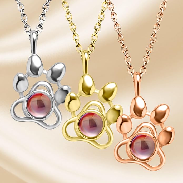 Personalized Picture Necklace with picture inside Custom Projection Necklace Cat/Dog Paw Print Pet Memorial Necklaces for Pet Lovers, Photo Gifts for Anniversary Dog Lovers