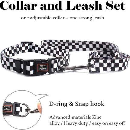 Roses&Poetry Dog Collar and Leash for Medium Large,Adjustable Durable 5ft Puppy Leash Collar for Dog Training Lead（Black & White-M）