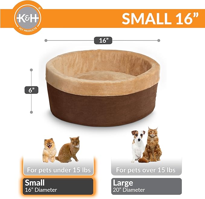 K&H Pet Products Thermo-Kitty Bed Heated Cat Beds for Indoor Cats & Dogs, Calming Warming Pillow Pet Bed, Machine Washable, Removable Heater, Safety Listed - Small 16" Round Mocha/Tan