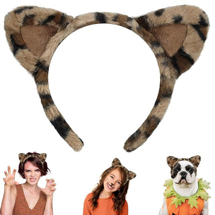 Beviliu Leopard Ears Headband Fluffy, Cheetah Print Cat Hairband for Women, Fuzzy Cheetah Ears Costume for Birthday Party Halloween Christmas Washing Makeup Cosplay