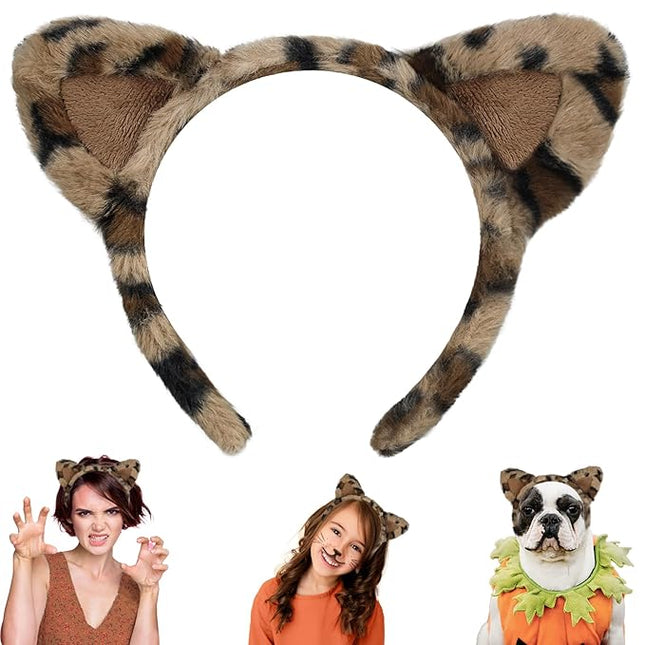 Beviliu Leopard Ears Headband Fluffy, Cheetah Print Cat Hairband for Women, Fuzzy Cheetah Ears Costume for Birthday Party Halloween Christmas Washing Makeup Cosplay