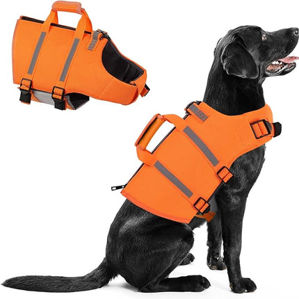 Queenmore Dog Life Jacket - Adjustable Swim Vest with Rescue Handle, Zipper (Orange, M)