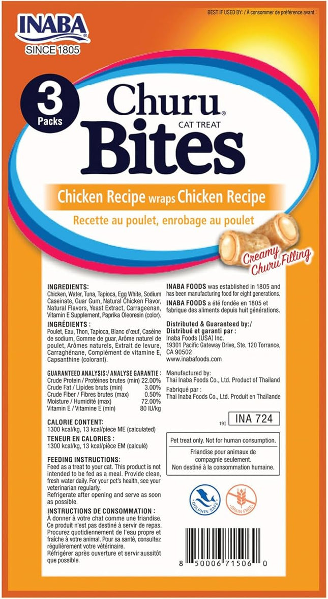 INABA Churu Bites for Cats, Soft Baked Chicken Churu Filled Cat Treats with Vitamin E, 0.35 Ounces Each Tube, 24 Tubes Total (3 per Pack), Chicken Recipe