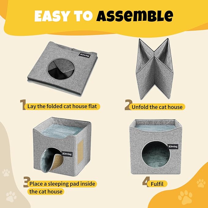 Cat Bed for Indoor Cats, Foldable Cat Hideaway Double Decker Cat House with Scratch Plate, Removable Cat Stuff and Washable Cat Cave for 1-2 Cats, 15.4x15.4x12.8 inches, Grey