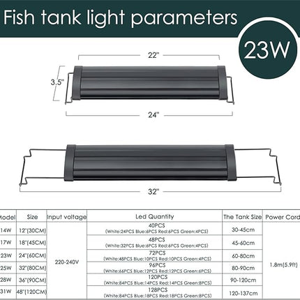 AQQA Aquarium Light,Full Spectrum LED Fish Tank Lights,12"-54" Adjustable Multi-Color White Blue Red Green LEDs with Extendable Brackets,14W-31W for Freshwater Plants (23W (24"-32"))