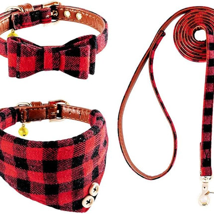 EXPAWLORER Dog Collar and Leash Set - Classic Plaid Dog Bow Tie and Dog Bandana Collar with Bell, Dog Leash Tangle Free, Adjustable Collars for Small Medium Large Dogs Cats, Holiday Ideal Gift