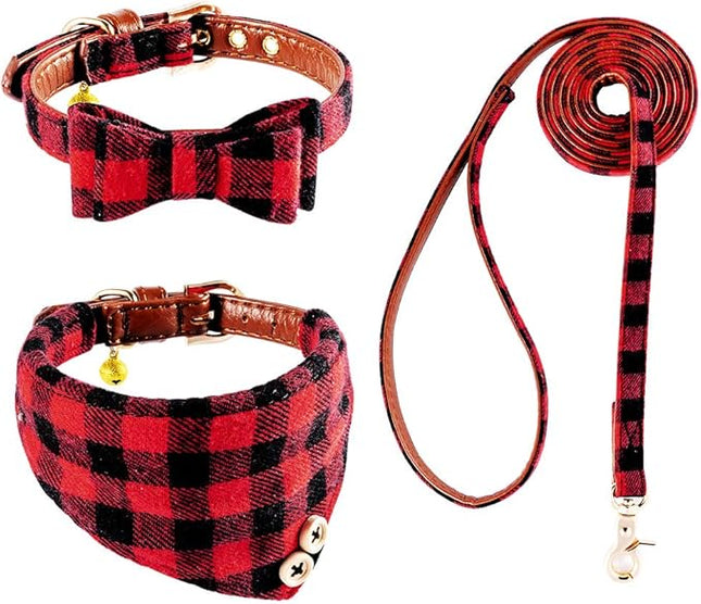 EXPAWLORER Dog Collar and Leash Set - Classic Plaid Dog Bow Tie and Dog Bandana Collar with Bell, Dog Leash Tangle Free, Adjustable Collars for Small Medium Large Dogs Cats, Holiday Ideal Gift
