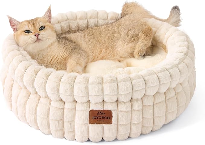 Joydeco Beige Cat Bed Kitten Bed, Washable Round Cat Beds for Indoor Cats, Ultra Soft Plush Pet Bed for Puppy and Kitten with Anti-Slip, Small