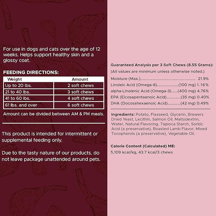 Dog Skin and Coat Supplement -360 Soft Chew Omega Treats for Skin Allergies -Salmon Oil Blend of Essential Fatty Acids, Omega 3, 6, Vitamins, Minerals -Made in USA (2 Packs of 180, Lamb Flavor)