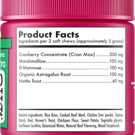 Cranberry UTI Chews for Dogs Bladder Support + D-Mannose Supports Kidney Urinary Tract and Bladder Health Natural Cranberry Wellness Supplement Immune System Booster Natural Pet Antioxidant 120 Chews