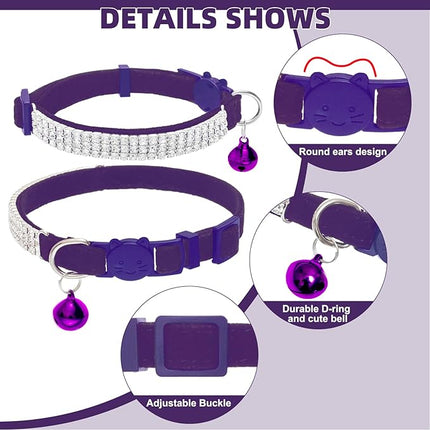 EXPAWLORER Soft Velvet Safe Cat Collars for Girl Cats - Rhinestones Bling Diamante Adjustable Collars Breakaway- Chirstmas Cat Clollar Gifts with Bells for Boy Cats Kitty and Small Dogs