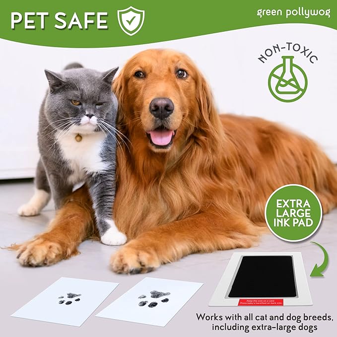 Green Pollywog | Paw Print Pet Keepsake Hinge Photo Frame + Ink Pad Kit | Dog Paw Print Kit | Extra-Large Ink Pad Included | 4 x 6 Picture Openings