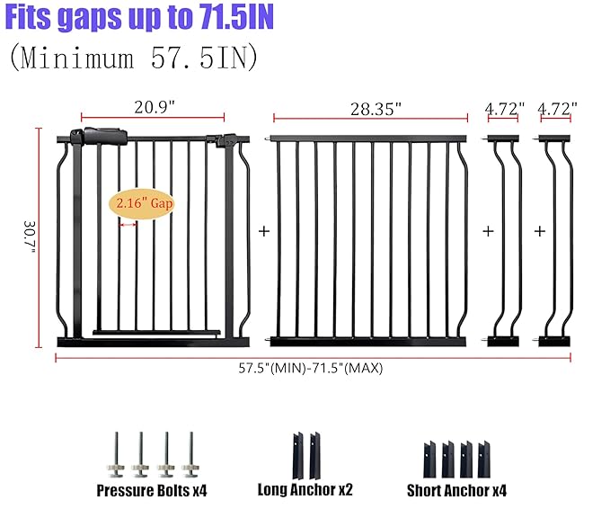 Wide Baby Gate 67-71.5 Inch Heavy Duty Steel Safety for Stairs, Pressure-Mounted Indoor Dog, No Drilling, Modern Home Design, Black