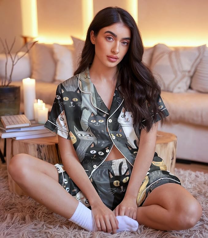 Women’s Silk Satin Pajama Set, Short Sleeve Button Down 2 Piece PJs with Shorts, Cozy Loungewear & Matching Holiday Pajamas