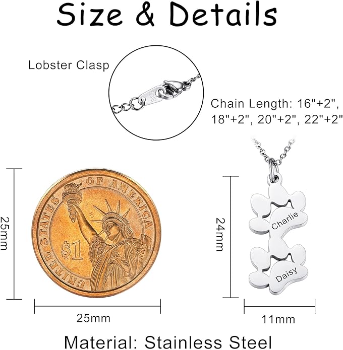 MeMeDIY Personalized Paw Print Necklace for Women Engraved Name Dog Paw Necklace Stainless Steel/925 Sterling Silver Paw Necklace Pet Memorial Necklace 1-4 Cat Paw Print Necklace