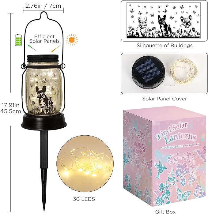 French Bulldog Gifts for Women/Men French Bulldog Solar Lanterns Dog Mom Birthday Dog Lovers Lantern Pet loss Pet Memorial Lights Solar Garden Decoration Outside for Yard, Patio,Backyard,Porch Torches