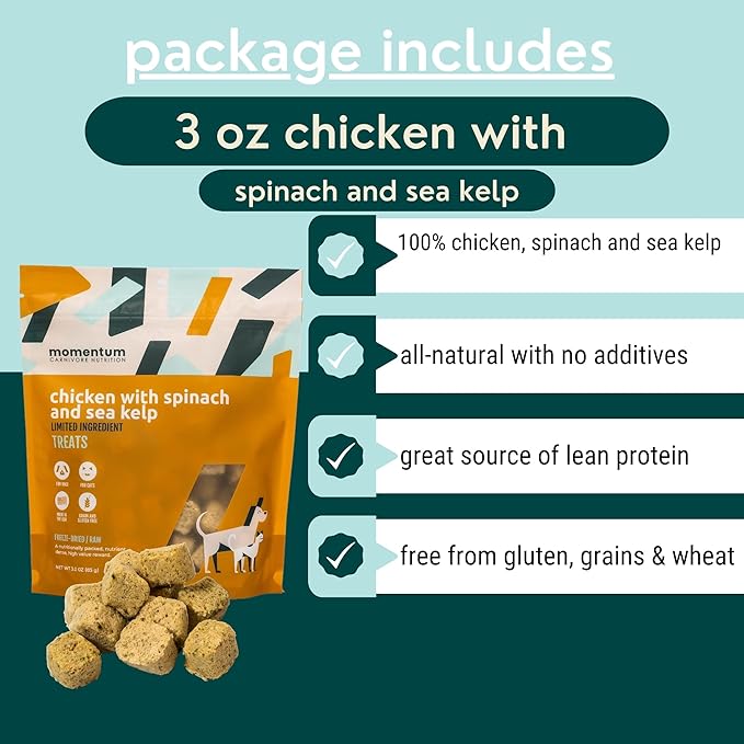 Momentum Carnivore Nutrition Freeze-Dried Chicken, Spinach & Sea Kelp Dog Treats – Single-Ingredient, Dog & Cat Treats – High-Protein, Grain-Free– 3 oz Bag