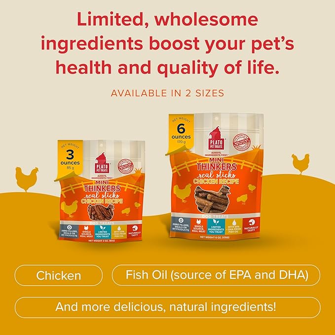 PLATO Mini Thinkers Sticks - Natural Dog Treats - Real Meat - Air Dried - Made in the USA, Chicken Flavor, 6 ounces