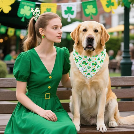 E-Clover St Patricks Day Dog Bandana & Matching Scrunchie Set Cute Girl Dog Scarf Bibs Pet Bandanas with Bow Tie for Small Dogs Puppy Owner Mom Green