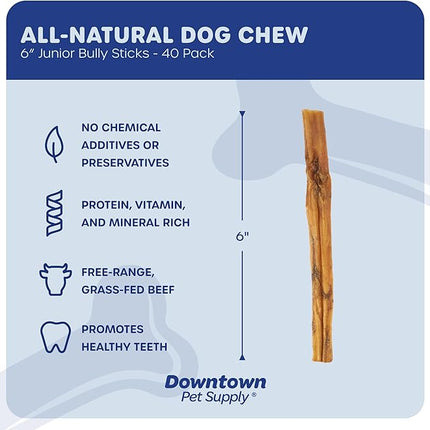 Downtown Pet Supply Bully Sticks for Dogs, Junior Size (6", 40-Pack) Rawhide Free Dog Chews Long Lasting Non-Splintering Pizzle Sticks - Low Odor Bully Sticks for Small Dogs