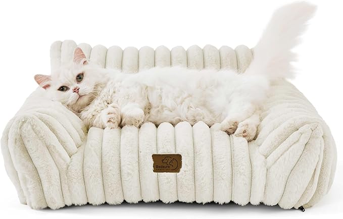 Bedsure Cute Cat Couch for Pets - Fluffy Cat beds with Premium Soft Corduroy Fleece, Fuzzy Cats beds for Indoor Cats with Removable Washable Cover, Supportive Pet Sofa, 24inch, Cream